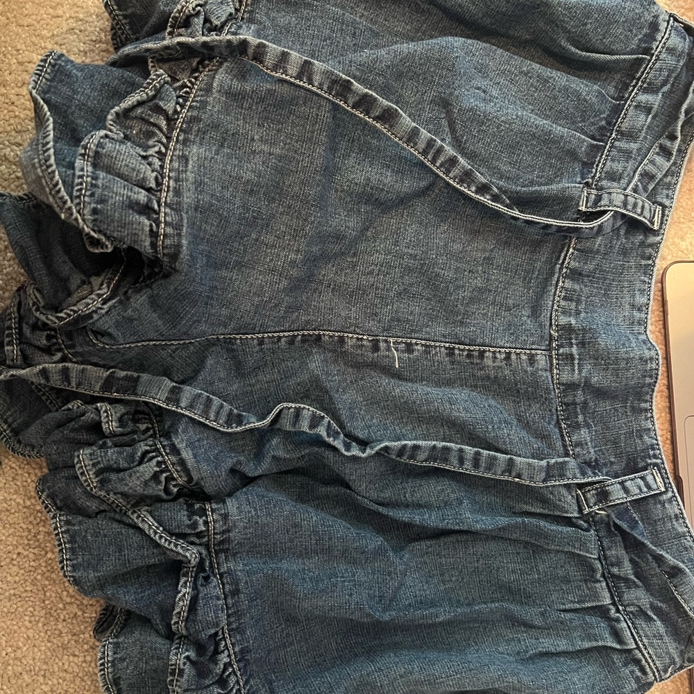 We The Free Dark Blue Denim Ruffle Shorts